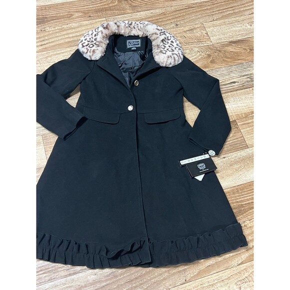 Rothschild Removable Faux Fur Leopard Collar and Ruffle Bottom Coat Black L (14) - Picture 3 of 6